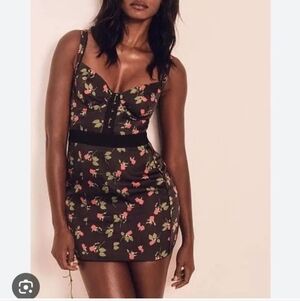 For Love & Lemons Love Song black satin corset mini dress with red roses print S